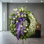 Corona fúnebre 'Homenaje a Daniel' con flores blancas y moradas, lazo morado, en sala de velación moderna con ataúd desenfoca