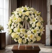 Corona fúnebre Homenaje Gadriel con lirios, rosas y crisantemos blancos, sobre un caballete en una sala de velación premium c