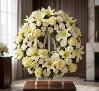 Corona fúnebre Homenaje Gadriel con lirios, rosas y crisantemos blancos, sobre un caballete en una sala de velación premium c