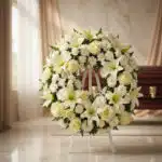 Corona fúnebre Homenaje Gadriel con lirios y rosas blancas, en sala de velación moderna con ataúd al fondo.