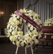 Corona fúnebre Homenaje Gadriel con flores blancas, lirios y rosas, sobre un caballete blanco. Cinta morada con el mensaje 'N