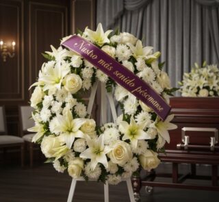 Corona fúnebre Homenaje Gadriel con flores blancas, lirios y rosas, sobre un caballete blanco. Cinta morada con el mensaje 'N