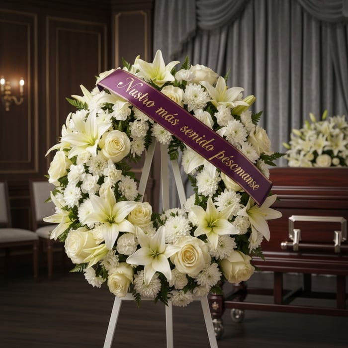 Corona fúnebre Homenaje Gadriel con flores blancas, lirios y rosas, sobre un caballete blanco. Cinta morada con el mensaje 'N