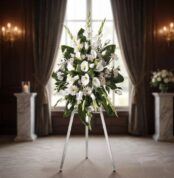 Impresionante corona fúnebre 'Homenaje Guadalupe' con lirios blancos, calas y margaritas, sobre un trípode en una sala de vel