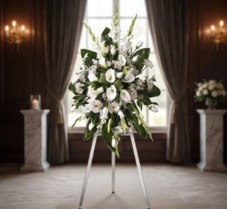 Impresionante corona fúnebre 'Homenaje Guadalupe' con lirios blancos, calas y margaritas, sobre un trípode en una sala de vel