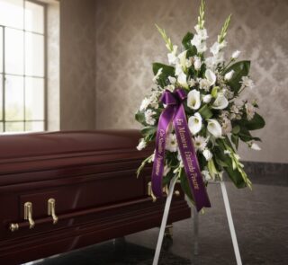 Corona fúnebre Homenaje Guadalupe con flores blancas, calas y gladiolos, sobre un trípode, con cinta morada de condolencia, j