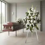 Corona fúnebre Homenaje Guadalupe con lirios blancos, gladiolos y calas, en sala de velación moderna con ataúd desenfocado al