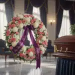 Corona fúnebre Homenaje a Jesús con flores blancas y rosas, cinta morada con mensaje 'En Recuerdo Eterno', junto a un ataúd e