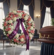 Corona fúnebre Homenaje a Jesús con flores blancas y rosas, cinta morada con mensaje 'En Recuerdo Eterno', junto a un ataúd e