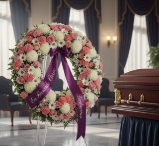 Corona fúnebre Homenaje a Jesús con flores blancas y rosas, cinta morada con mensaje 'En Recuerdo Eterno', junto a un ataúd e