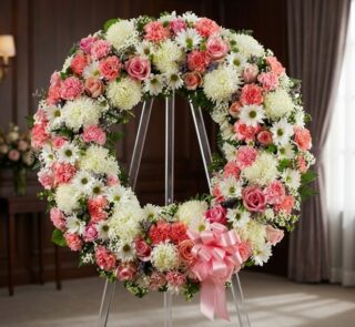 Corona fúnebre Homenaje a Jesús con rosas rosadas, claveles y crisantemos blancos, sobre un caballete en una sala de velación