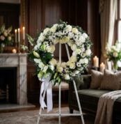 Corona fúnebre Homenaje Sincero con rosas blancas, lirios y margaritas, sobre un caballete en una sala de velación premium co