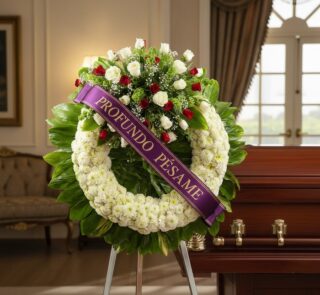 Corona fúnebre 'Legado de Hildegarda' con rosas blancas y rojas, y crisantemos blancos, sobre un caballete junto a un ataúd e