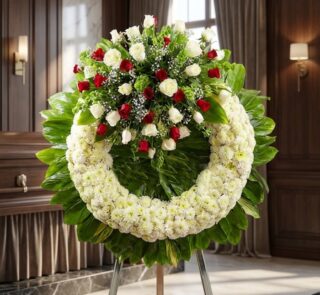 Corona fúnebre "Legado de Hildegarda" con rosas blancas y rojas, crisantemos blancos y follaje verde, en sala de velación pre