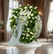 Corona fúnebre Legado Jacob con rosas blancas, lirios y margaritas, lazo de tul, en sala de velación premium con luz natural