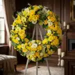 Corona fúnebre Legado de Paz para Benjamin, con rosas amarillas, flores blancas y follaje verde, exhibida en una sala de vela