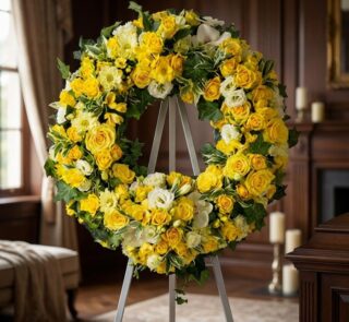 Corona fúnebre Legado de Paz para Benjamin, con rosas amarillas, flores blancas y follaje verde, exhibida en una sala de vela