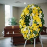 Corona fúnebre Legado de Paz para Benjamin, con rosas amarillas, orquídeas blancas y follaje verde, en sala de velación moder