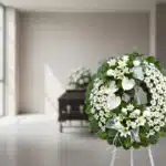 Corona fúnebre "Legado de Paz" con flores blancas, lirios, anthuriums y margaritas, en sala de velación moderna con ataúd al