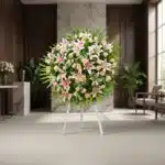 Corona fúnebre Luz Eterna con nombre Ethan, arreglo floral premium de lirios y rosas en tonos pastel, sobre un caballete blan