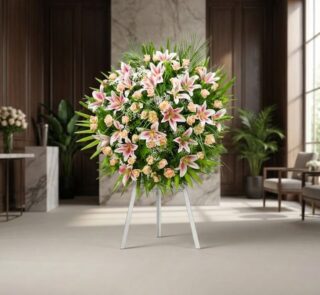 Corona fúnebre Luz Eterna con nombre Ethan, arreglo floral premium de lirios y rosas en tonos pastel, sobre un caballete blan