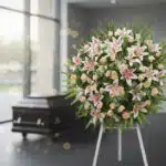 Corona fúnebre Luz Eterna con nombre Ethan, arreglo floral grande con lirios blancos y rosas, en sala de velación moderna.