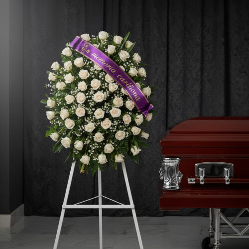 Corona fúnebre de rosas blancas y follaje verde, con una cinta morada que dice 'En memoria cariñosa', junto a un ataúd de mad