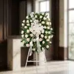 Corona fúnebre Serenidad con rosas blancas y follaje verde, lazo blanco, sobre un trípode en una sala de velación premium con