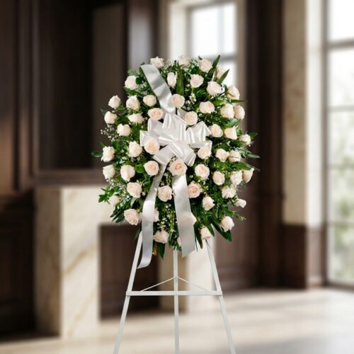 Corona fúnebre Serenidad con rosas blancas y follaje verde, lazo blanco, sobre un trípode en una sala de velación premium con