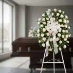 Corona fúnebre ovalada de rosas blancas y lazo blanco, sobre trípode en sala de velación moderna con ataúd desenfocado al fon