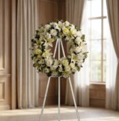 Corona fúnebre "Solemne Homenaje Joshua" con lirios blancos, rosas y crisantemos, sobre un caballete en una sala de velación