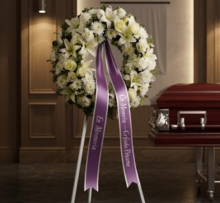 Corona fúnebre de flores blancas y verdes con cinta morada, "En Memoria" y "Profundo Pésame", junto a un ataúd en sala de vel
