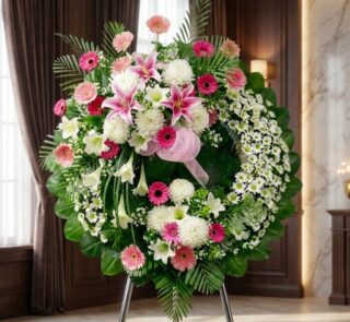 Corona fúnebre solemne "Homenaje a Mathias" con lirios blancos, gerberas rosas y crisantemos blancos, en una sala de velación