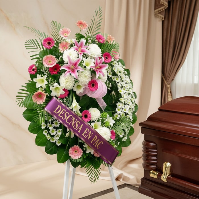 Imponente corona fúnebre "Homenaje a Mathias" con lirios blancos y rosados, gerberas y follaje verde, junto a un ataúd en sal