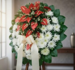 Corona fúnebre Trinidad con anthuriums rojos vibrantes y crisantemos blancos puros, follaje verde oscuro y cinta satinada col