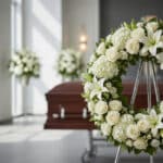 Corona funeraria "Refugio de Paz" con rosas blancas, lirios y hortensias, en sala de velación moderna, con ataúd al fondo.