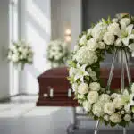 Corona funeraria "Refugio de Paz" con rosas blancas, lirios y hortensias, en sala de velación moderna, con ataúd al fondo.