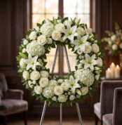 Impresionante corona funeraria 'Refugio de Paz' con lirios y rosas blancas, presentada en una elegante sala de velación con l