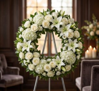 Impresionante corona funeraria 'Refugio de Paz' con lirios y rosas blancas, presentada en una elegante sala de velación con l