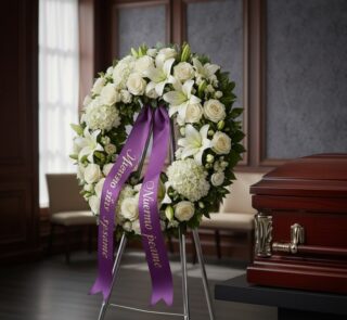 Impresionante corona funeraria de rosas blancas y lirios, con cinta morada de condolencias, en una sala de velación premium j