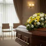 Cubre caja fúnebre Baltasar con flores blancas y amarillas sobre ataúd de madera en sala de velación moderna, transmitiendo s