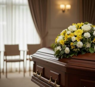 Cubre caja fúnebre Baltasar con flores blancas y amarillas sobre ataúd de madera en sala de velación moderna, transmitiendo s