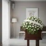 Cubre caja fúnebre Bernardita con rosas blancas y follaje verde, banda con texto 'OLIMPICA S.A.', en una sala de velación mod