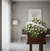 Cubre caja fúnebre Bernardita con rosas blancas y follaje verde, banda con texto 'OLIMPICA S.A.', en una sala de velación mod