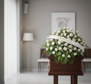 Cubre caja fúnebre Bernardita con rosas blancas y follaje verde, banda con texto 'OLIMPICA S.A.', en una sala de velación mod
