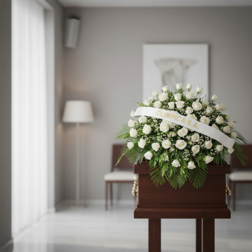Cubre caja fúnebre Bernardita con rosas blancas y follaje verde, banda con texto 'OLIMPICA S.A.', en una sala de velación mod