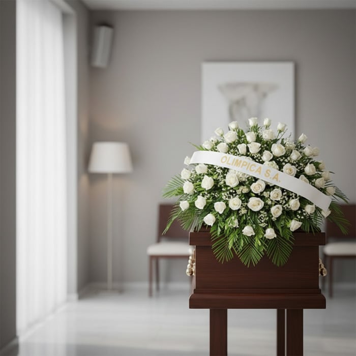 Cubre caja fúnebre Bernardita con rosas blancas y follaje verde, banda con texto 'OLIMPICA S.A.', en una sala de velación mod
