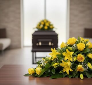 Cubre caja fúnebre con rosas y lirios amarillos en primer plano, sobre una mesa de madera. Al fondo, un ataúd sobrio y desenf