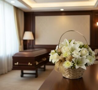 Cubre Caja Fúnebre Elizabeth, un arreglo floral blanco en cesta de mimbre, con rosas, lirios y crisantemos, en una sala de ve