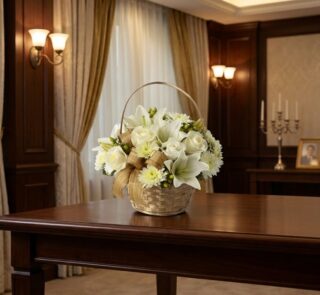 Cubre Caja Fúnebre Elizabeth, un hermoso arreglo floral en tonos blancos con lirios y rosas, presentado en una cesta de mimbr